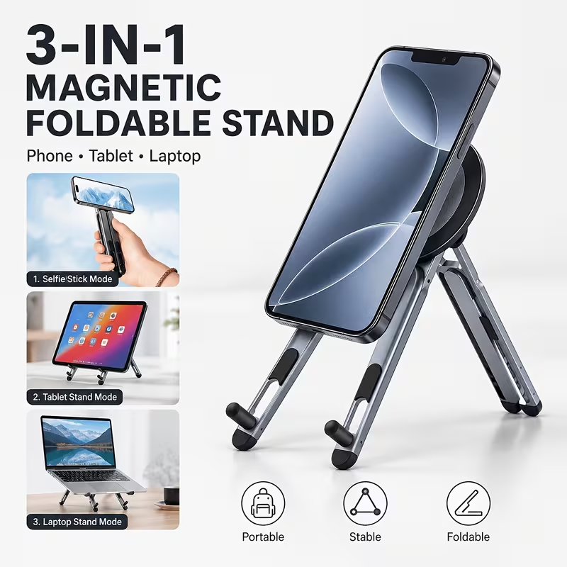 Limited Time: 30% OFF⚡ Foldable Magsafe Magnetic Phone Tripod Stand, Multi‑Device Portable Aluminum Alloy Holder