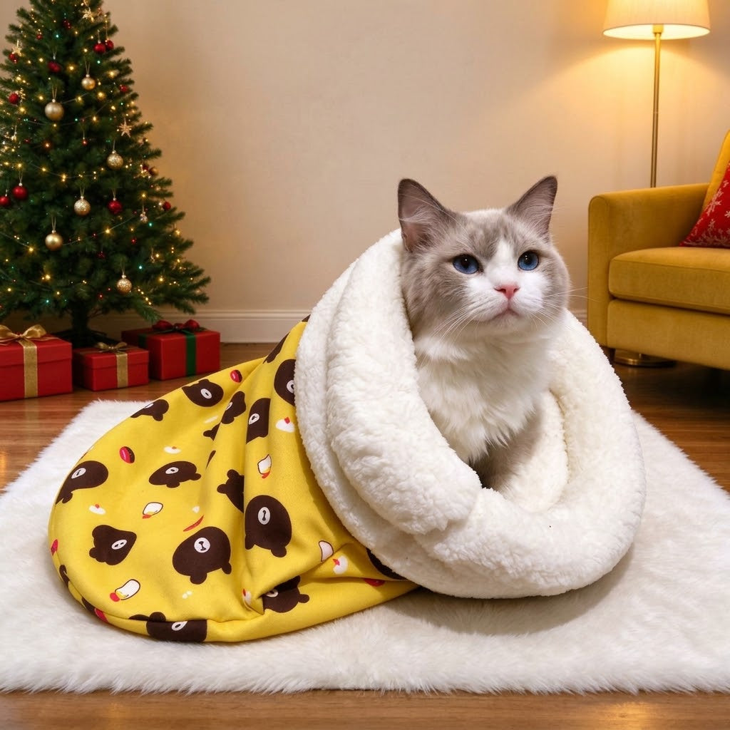 2-in-1 Thermal Burrow Cat Bed & Calming Fleece Sleeping Bag